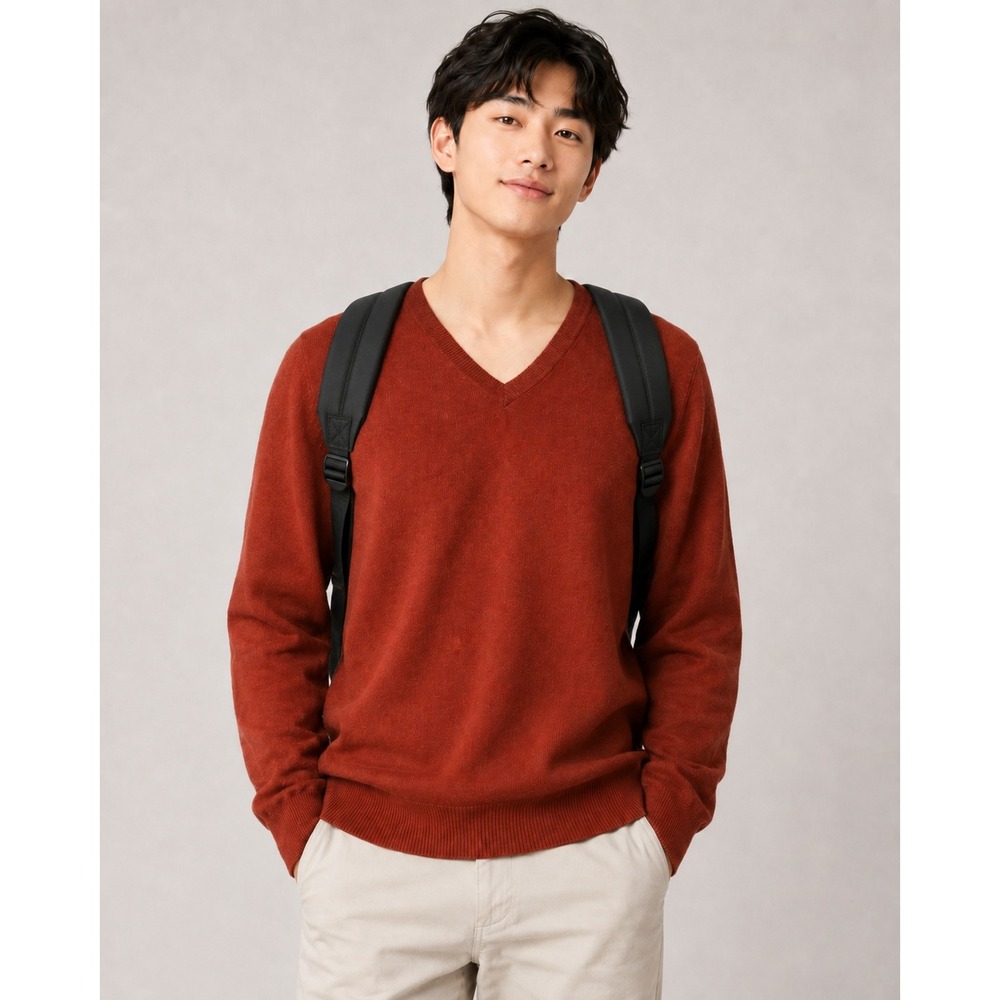 LL Bean V-Neck Sweater Mens Large L Orange Cotton Cashmere Blend Knit Pullover